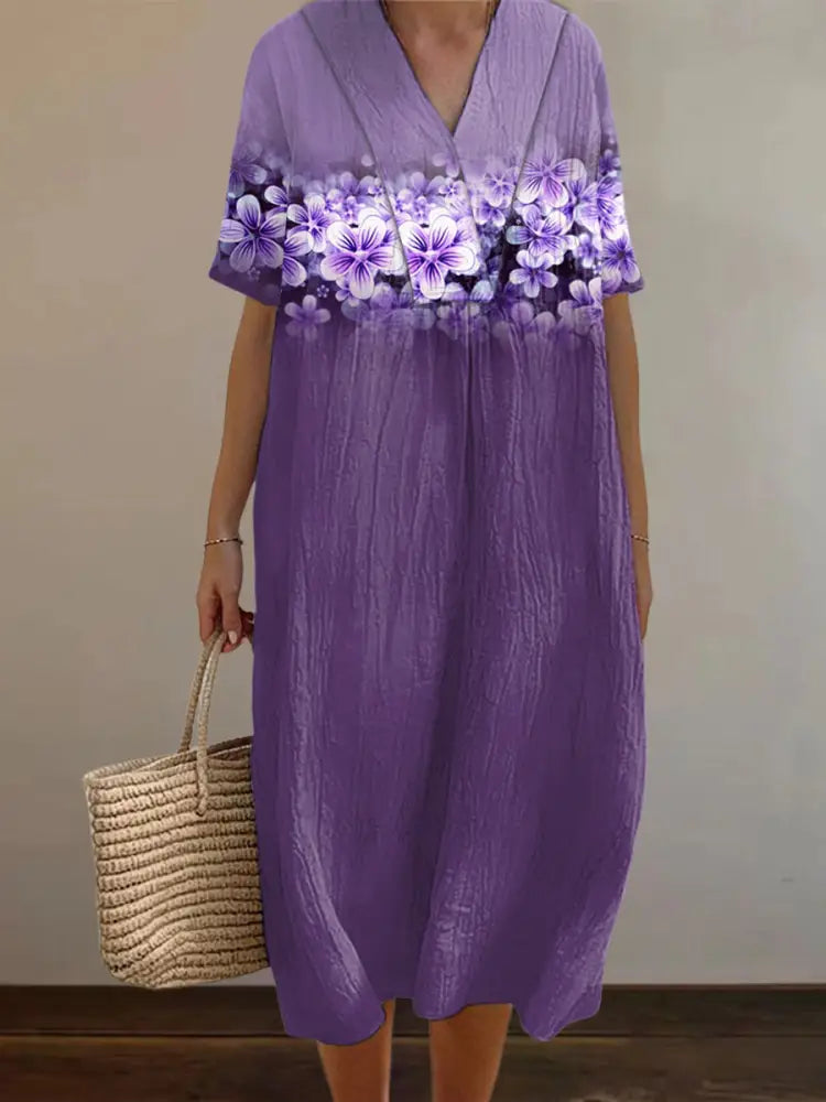 Women’s Purple Flowers Print Alzheimer’s Awareness Support Dress Purple / S