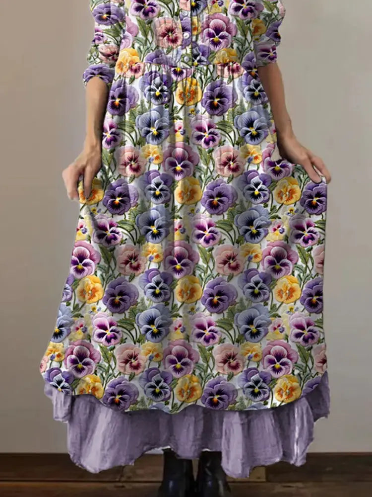 Women’s Purple Pansy Print Alzheimer’s Awareness Support Dress