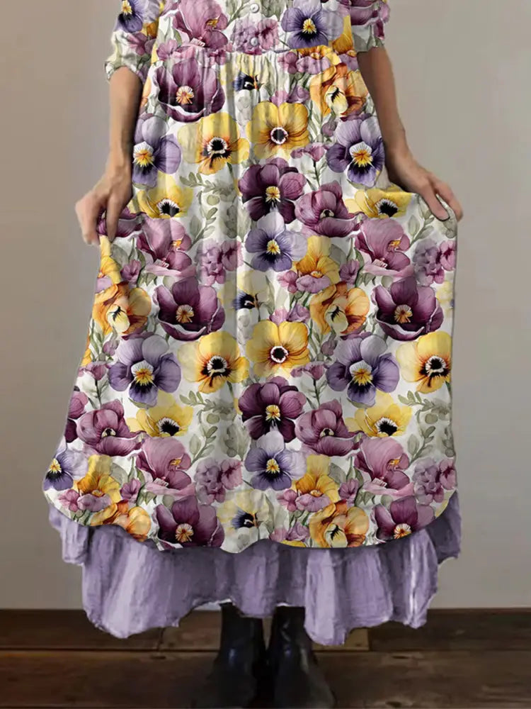 Women’s Purple Pansy Print Alzheimer’s Awareness Support Dress