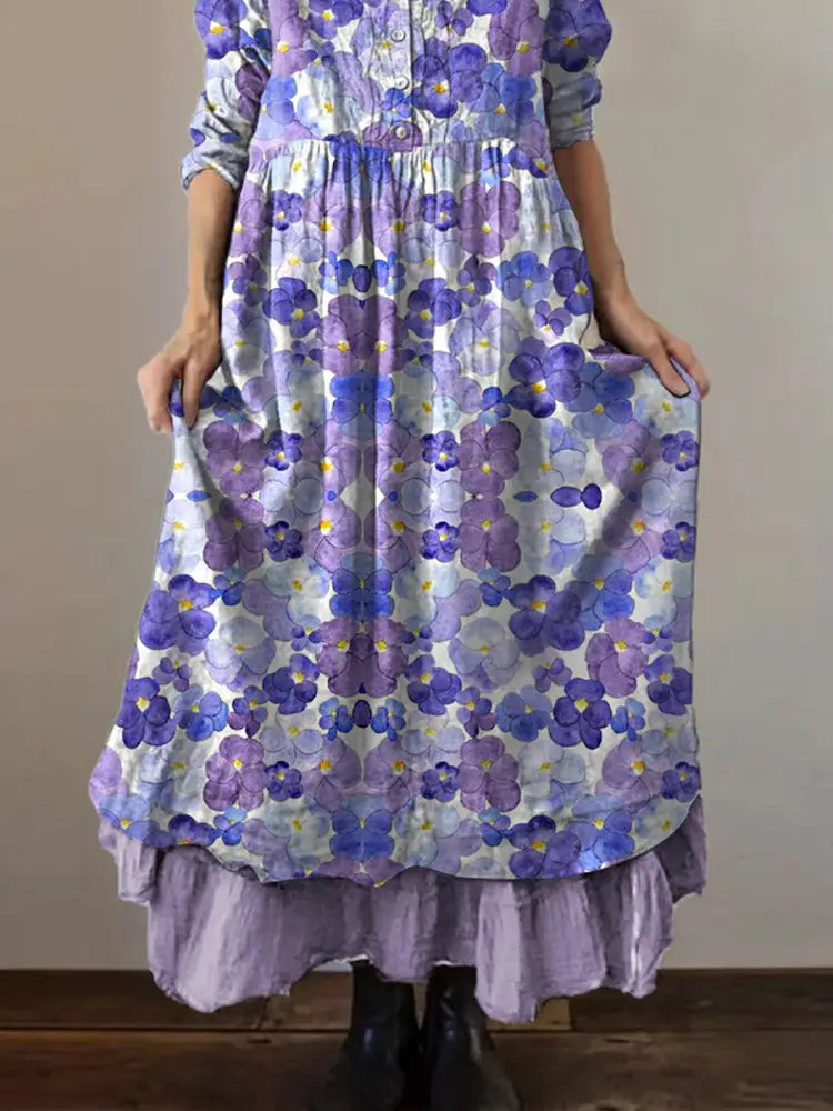 Women’s Purple Pansy Print Alzheimer’s Awareness Support Dress