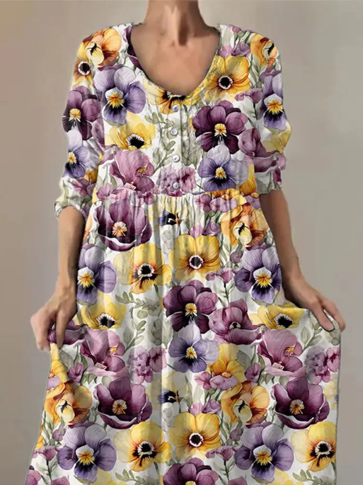 Women’s Purple Pansy Print Alzheimer’s Awareness Support Dress