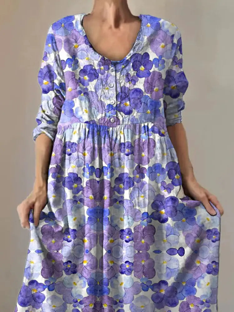 Women’s Purple Pansy Print Alzheimer’s Awareness Support Dress