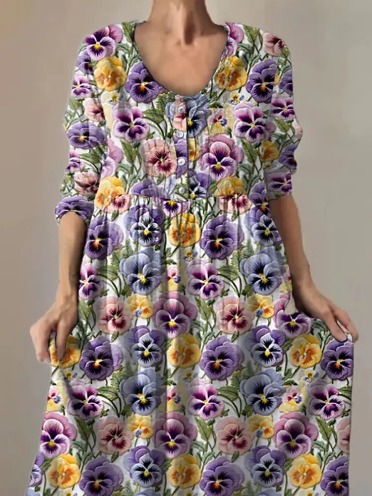 Women’s Purple Pansy Print Alzheimer’s Awareness Support Dress