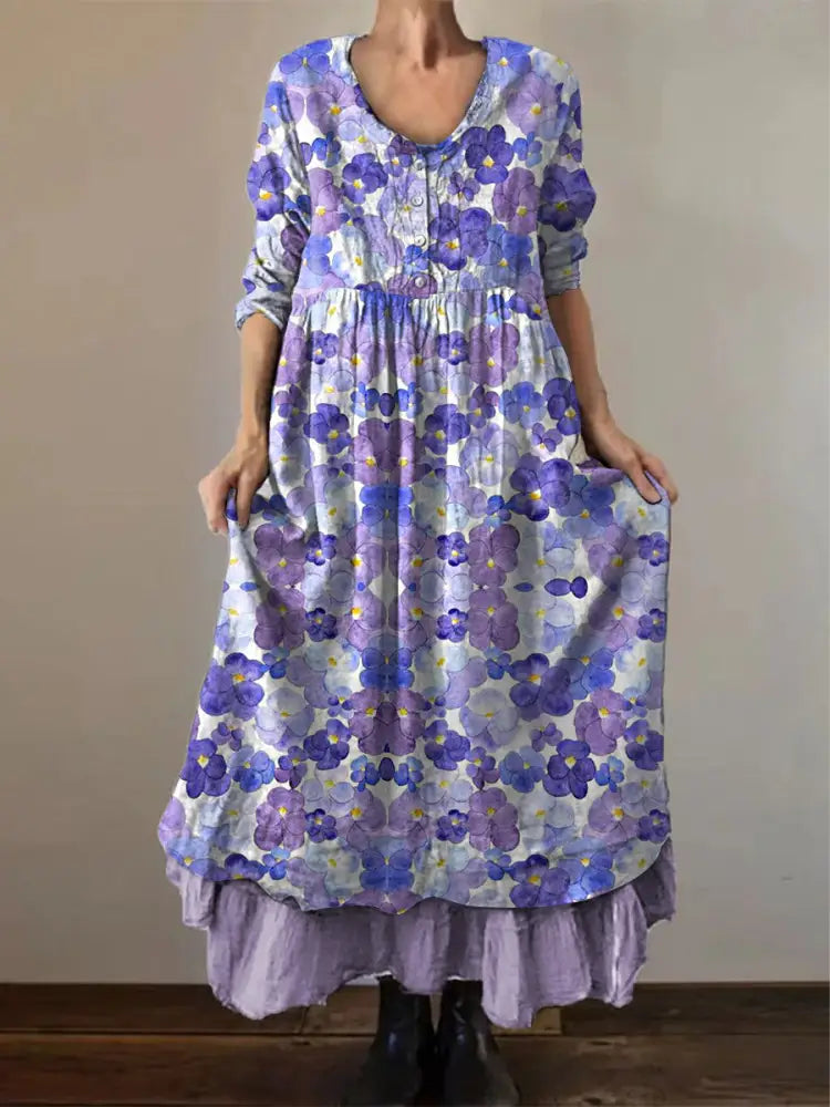 Women’s Purple Pansy Print Alzheimer’s Awareness Support Dress Purple / S