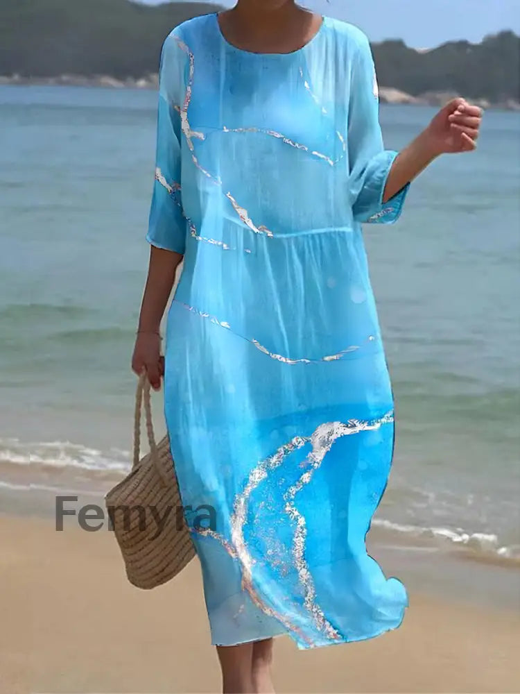 Women’s Retro Blue Ocean Art Art Print Crew Neck Maxi Dress A / S