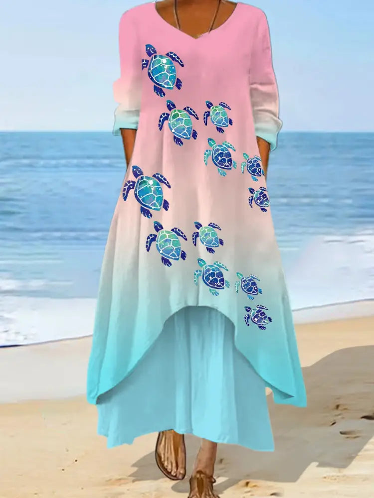 Women’s Sea Turtle Print Summer Beach Ocean Vacation Casual Dress Blue / S