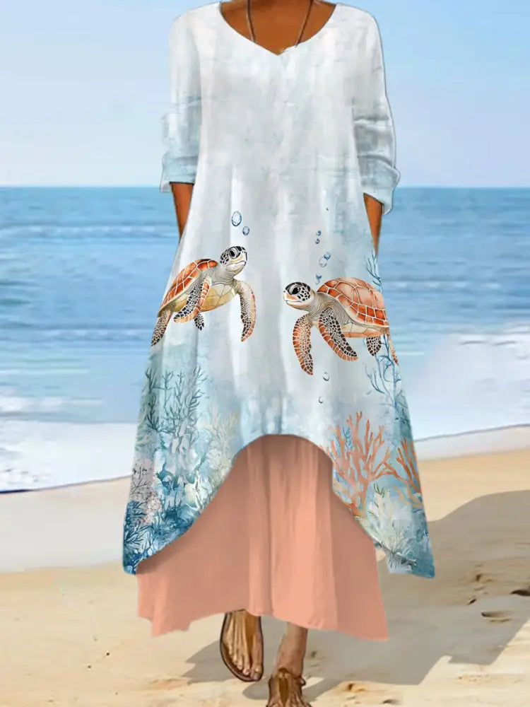 Women’s Sea Turtle Print Summer Beach Ocean Vacation Casual Dress Orange / S