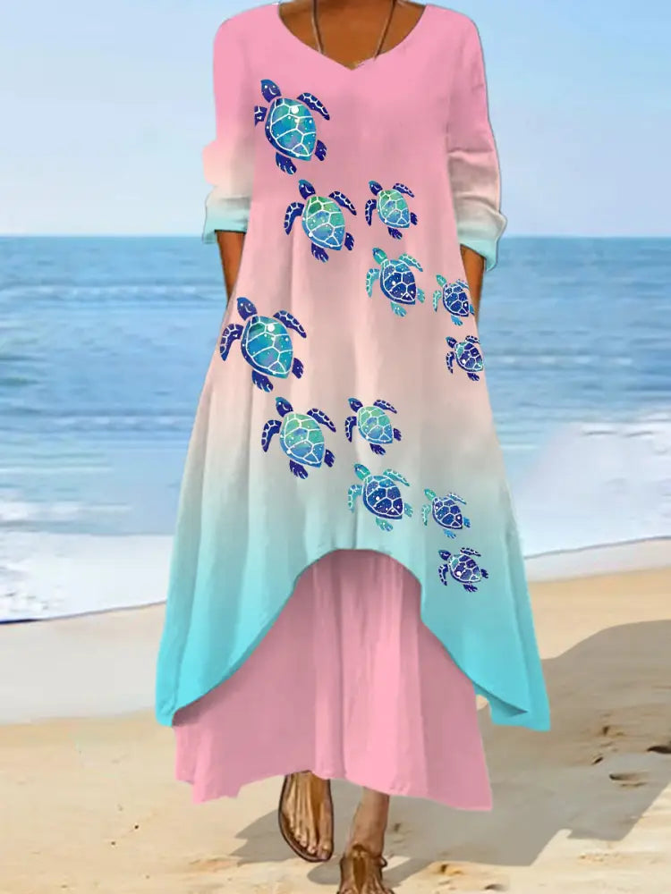 Women’s Sea Turtle Print Summer Beach Ocean Vacation Casual Dress Pink / S