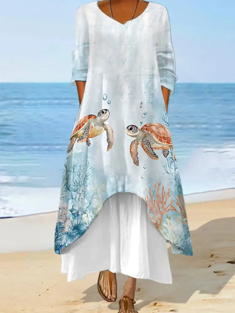 Women’s Sea Turtle Print Summer Beach Ocean Vacation Casual Dress White / S