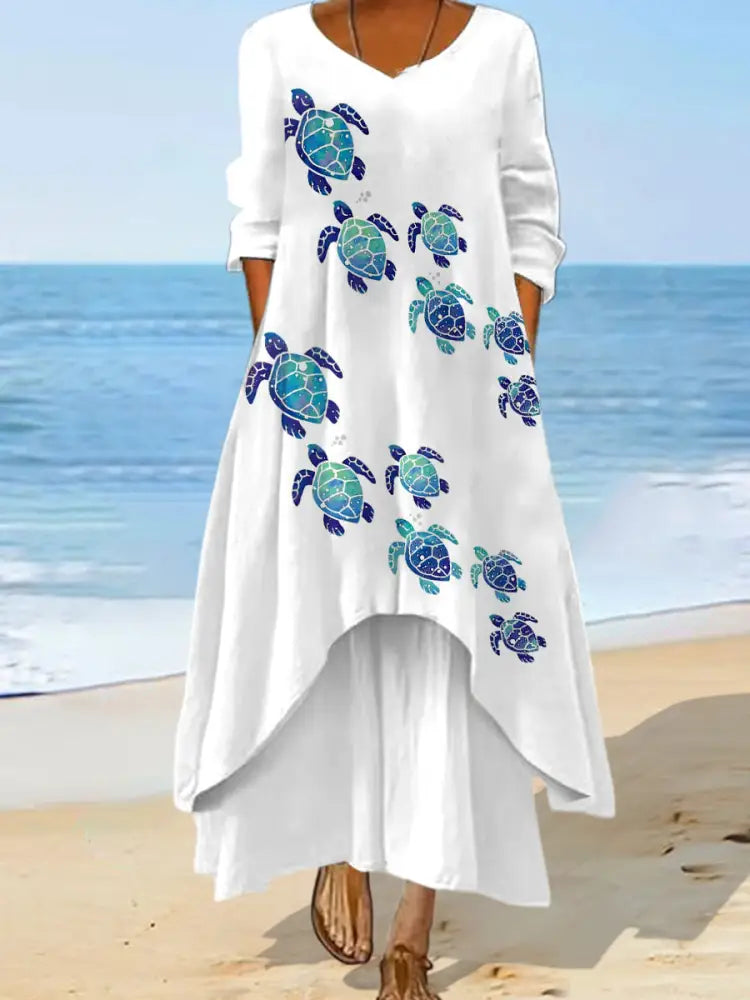 Women’s Sea Turtle Print Summer Beach Ocean Vacation Casual Dress White / S
