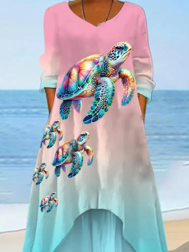 Women’s Sea Turtles Print Summer Beach Ocean Vacation Casual Dress