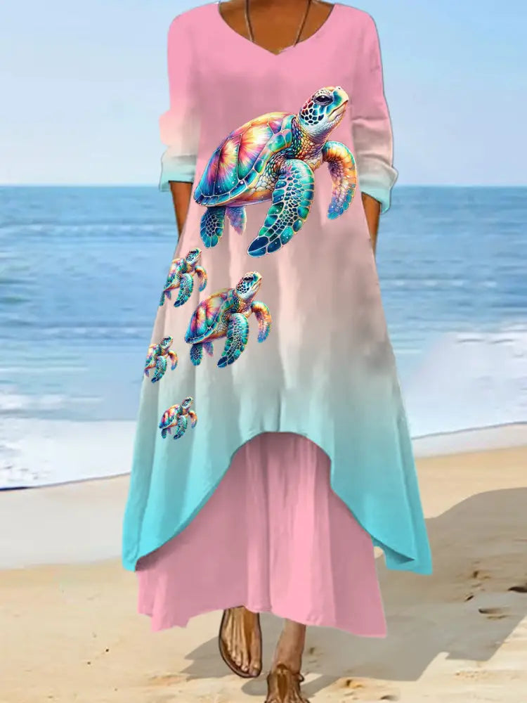 Women’s Sea Turtles Print Summer Beach Ocean Vacation Casual Dress Pink / S