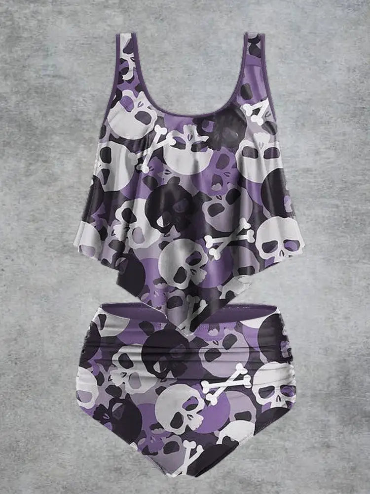 Women’s Skull Print High Waist Casual Swimsuit Two Piece Set Purple / S