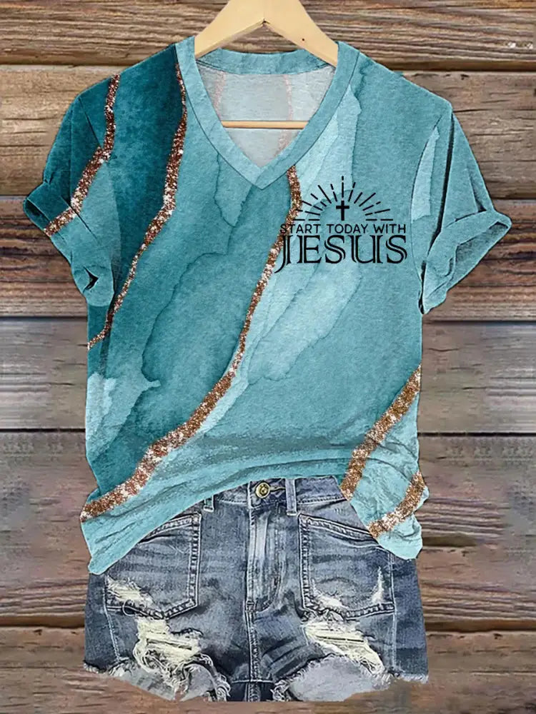 Women’s Start Today With Jesus Christian Cross Faith Art Print Casual V-Neck Tee Blue / S
