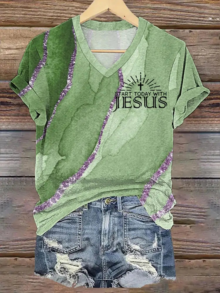 Women’s Start Today With Jesus Christian Cross Faith Art Print Casual V-Neck Tee Green / S