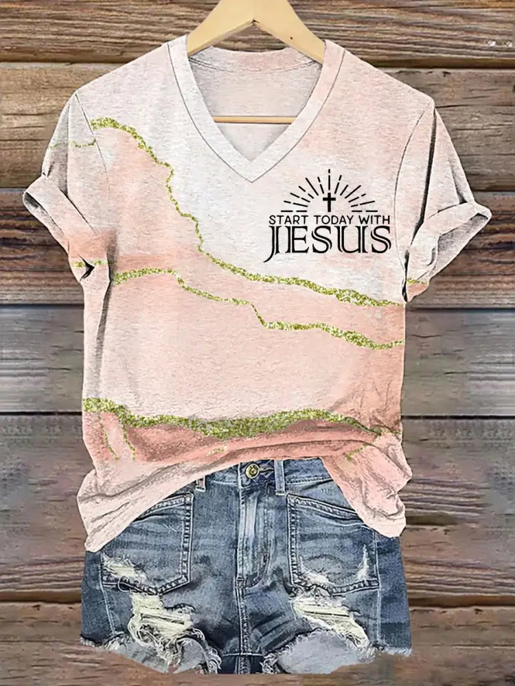 Women’s Start Today With Jesus Christian Cross Faith Art Print Casual V-Neck Tee Orange / S