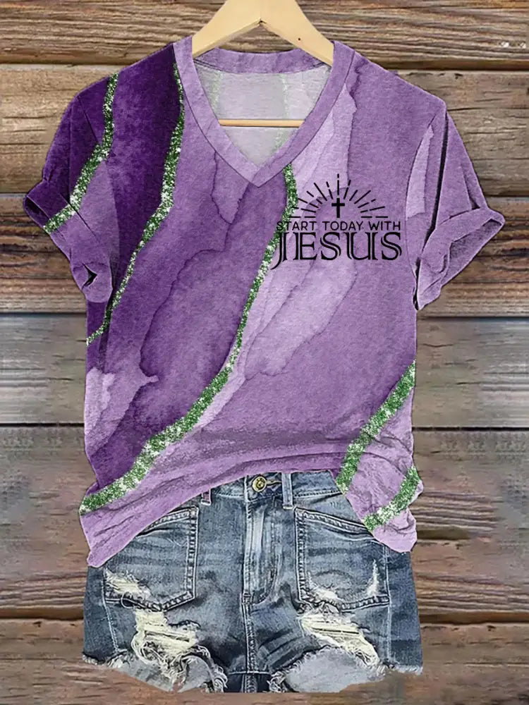 Women’s Start Today With Jesus Christian Cross Faith Art Print Casual V-Neck Tee Purple / S