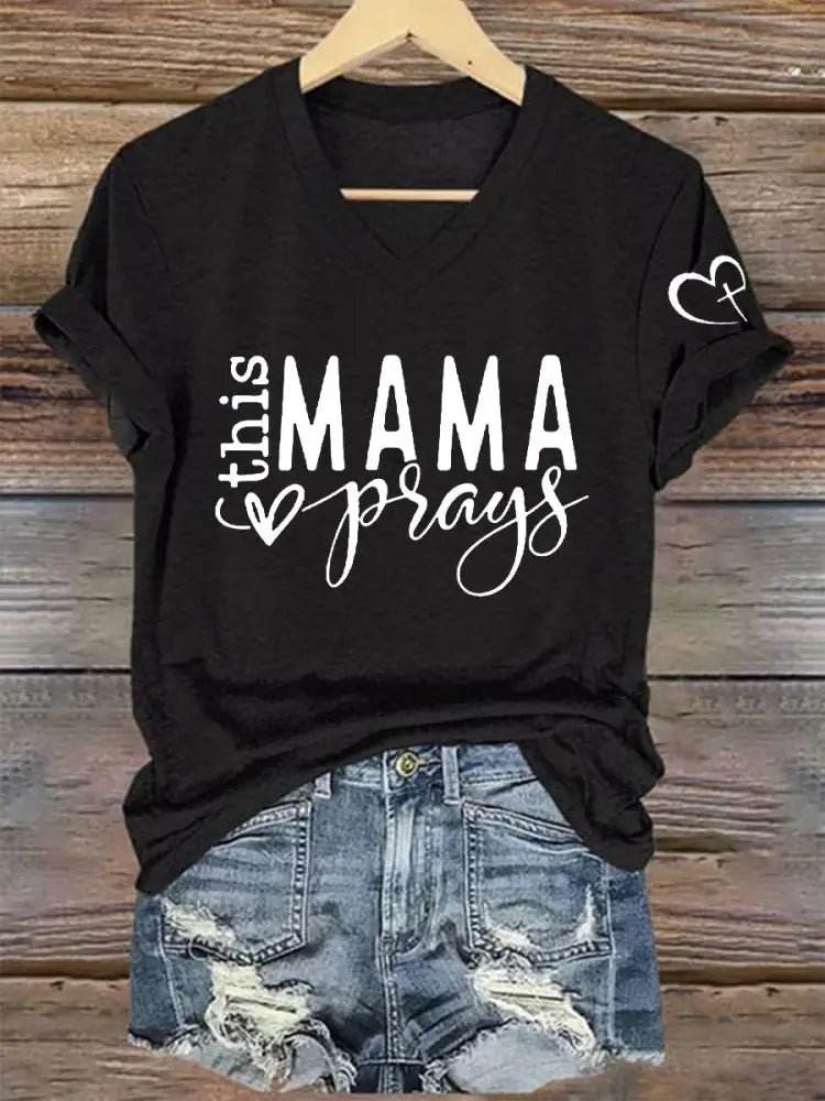 Women’s This Mom Is Praying Mother’s Day Faith Print Casual T-shirt Black / S