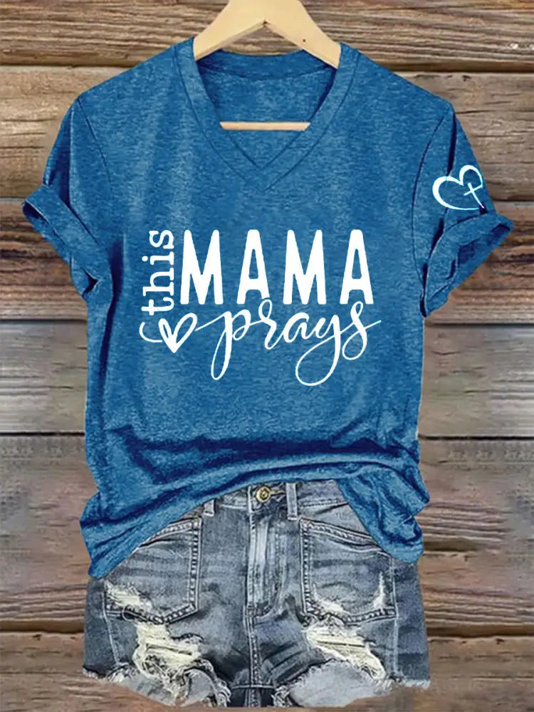 Women’s This Mom Is Praying Mother’s Day Faith Print Casual T-shirt Blue / S