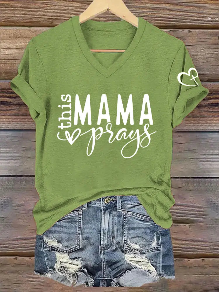 Women’s This Mom Is Praying Mother’s Day Faith Print Casual T-shirt Green / S