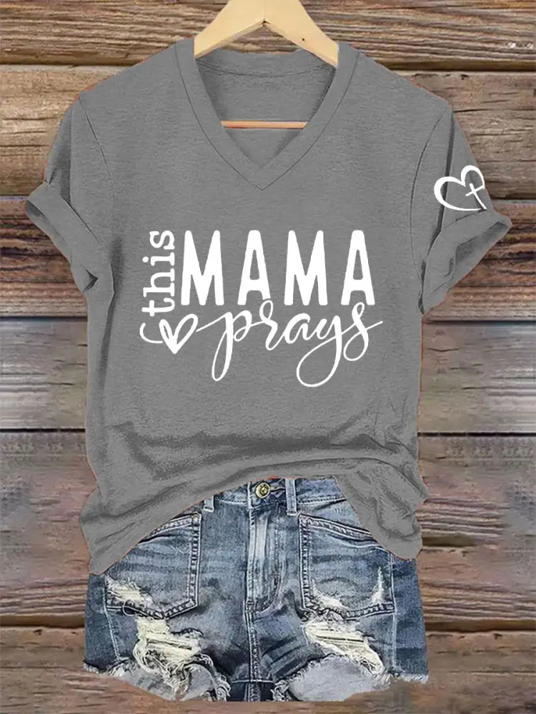 Women’s This Mom Is Praying Mother’s Day Faith Print Casual T-shirt Light Gray / S