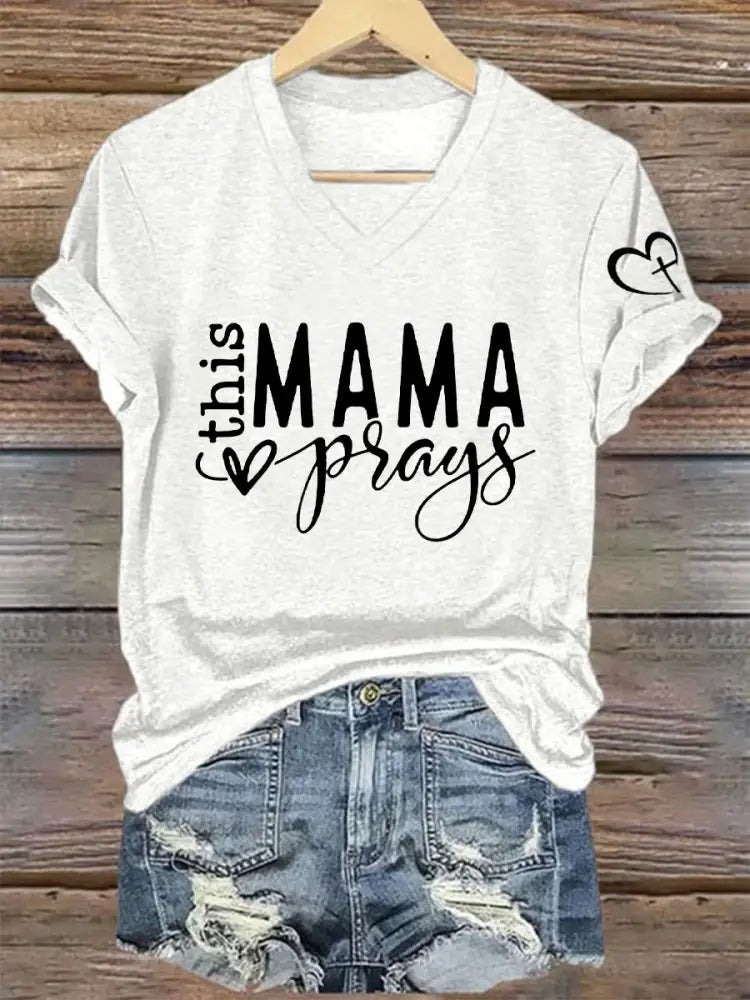 Women’s This Mom Is Praying Mother’s Day Faith Print Casual T-shirt White / S