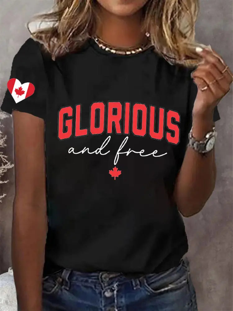Women’s V-neck Retro Canada Glorious And Free Maple Leaf Print T-Shirt Black / S