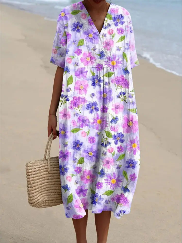 Women’s Vintage Floral Art Print Flowy Dress Purple / S