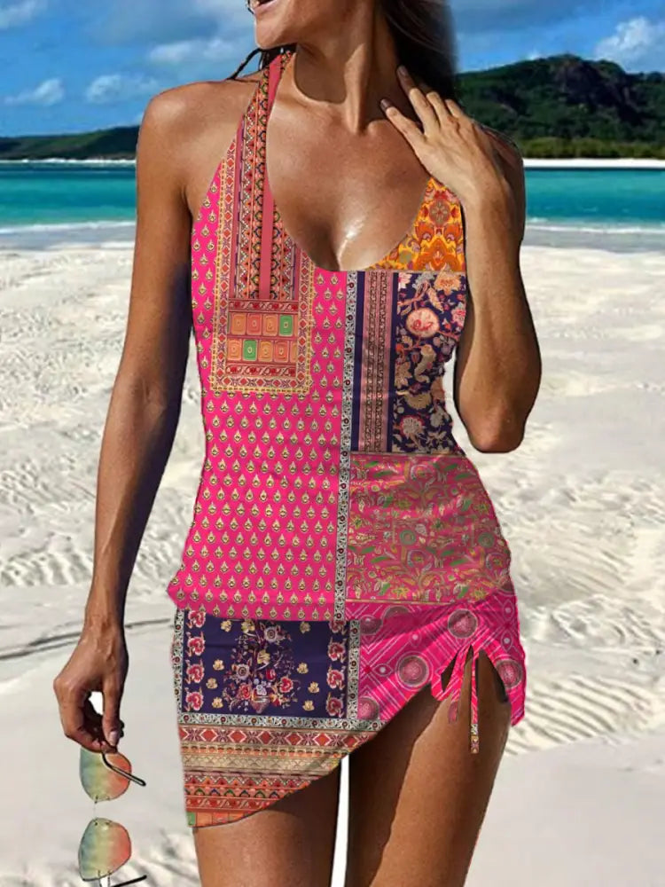 Women’s Vintage Floral Print Pleated V-Neck Casual Swimsuit A / S