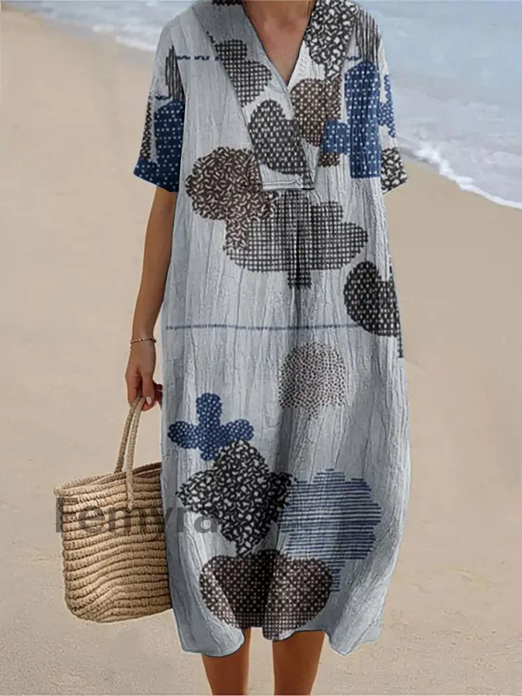 Women’s Vintage Geometric Art Print Short Sleeve Dresses Blue / S