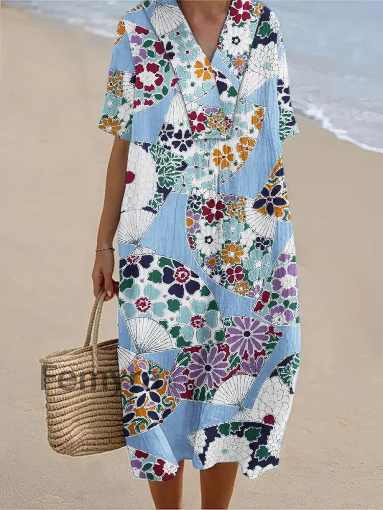 Women’s Vintage Geometric Art Print Short Sleeve Dresses Blue / S
