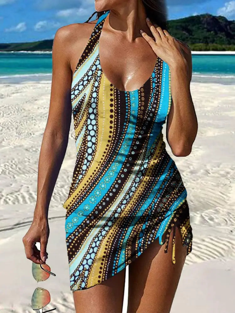 Women’s Vintage Paisley Floral Print Pleated Swimsuit Set