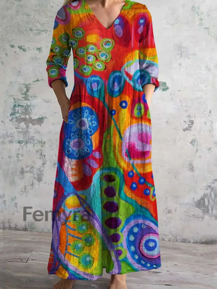 Women’s Vintage Simple Art Painted Pattern Dress With Pockets Colorful / S