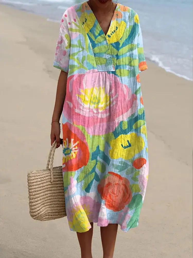 Women’s Watercolor Flowers Art Print Dress Colorful / S