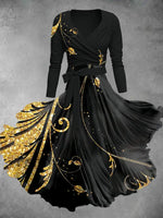 Artistic Sequin Floral Print Vintage Cross-Fold Long Sleeve Two-Piece Midi Dress A / S