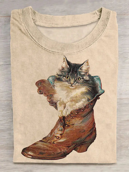 Cat Printed Vintage Fashion Loose Short Sleeve T-Shirt Apricot / S