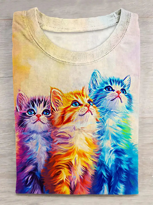 Cat Printed Vintage Fashion Loose Short Sleeve T-Shirt Colorful / S