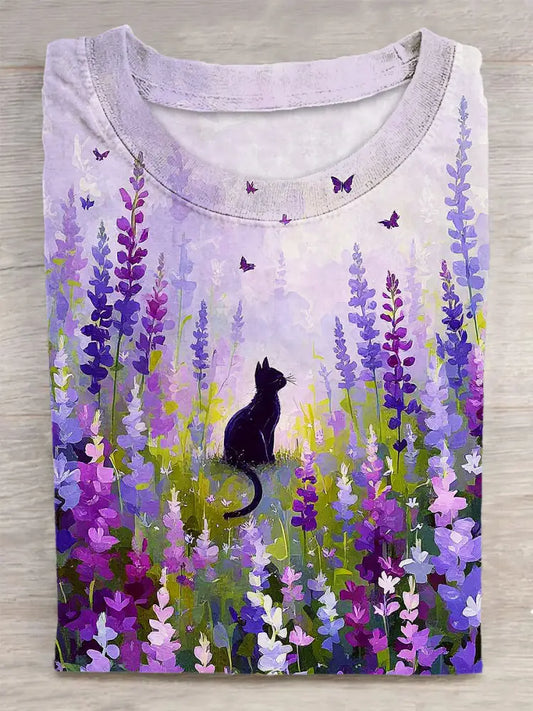 Cat Printed Vintage Fashion Loose Short Sleeve T-Shirt Purple / S