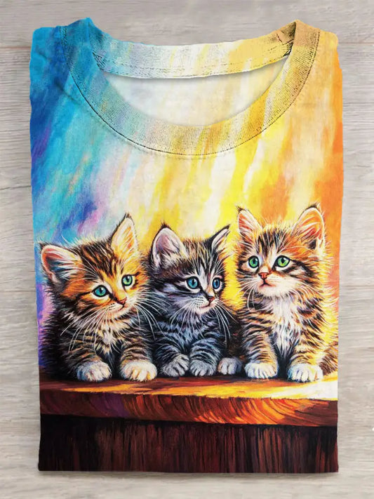 Colorful Cat Printed Vintage Fashion Loose Short Sleeve T-Shirt Colorful / S