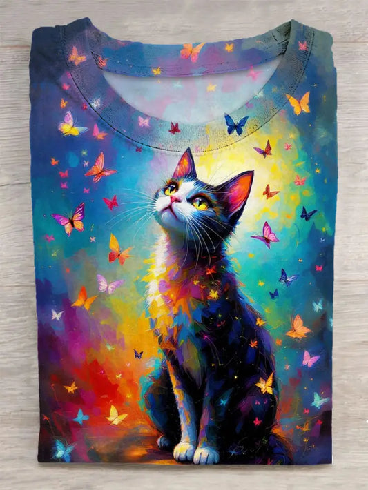 Colorful Cat Printed Vintage Fashion Loose Short Sleeve T-Shirt Colorful / S