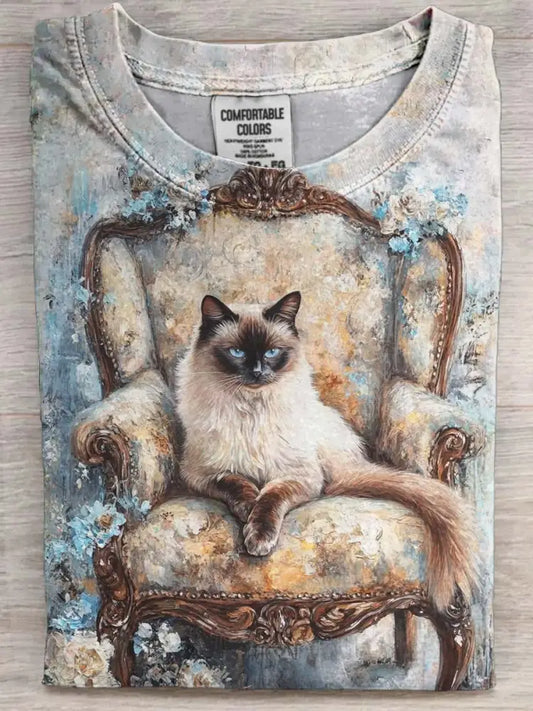 Cute Art Oil Painting Chair Cat Print Casual Short Sleeve T-Shirt As picture / S