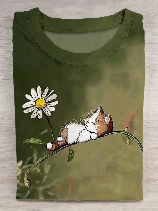 Cute Cat Printed Vintage Fashion Loose Short Sleeve T-Shirt Green / S