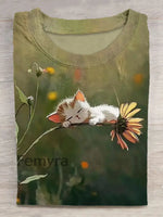 Cute Cat Printed Vintage Fashion Loose Short Sleeve T-Shirt Green / S