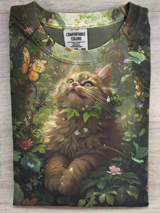 Cute Forest Cat Print Casual Short Sleeve T-Shirt As picture / S