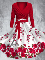 Elegant Red Flower Printed V-Neck Long Sleeve Straps Fashion Midi Dress A / S