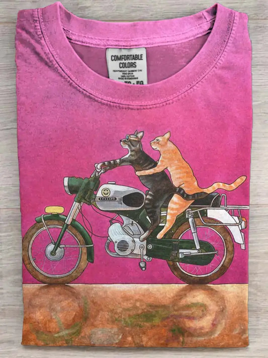 Funny Cat Biker Printed Casual Short Sleeve T-Shirt As picture / S