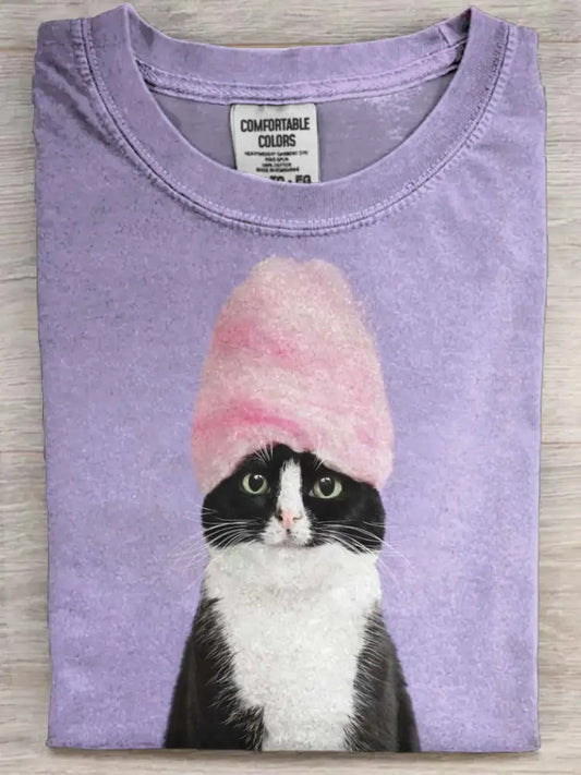 Funny Cat Print Casual Short Sleeve T-Shirt As picture / S