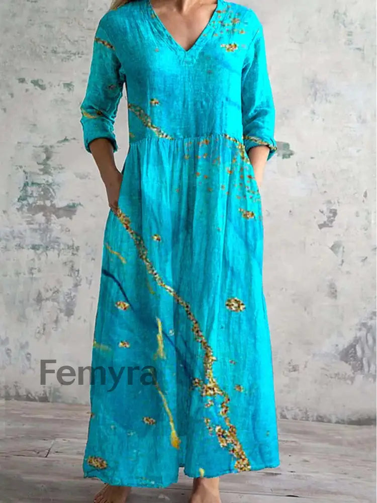 Marble Fluid Art Print Chic V Neck Long Sleeve Elegant Midi Dress