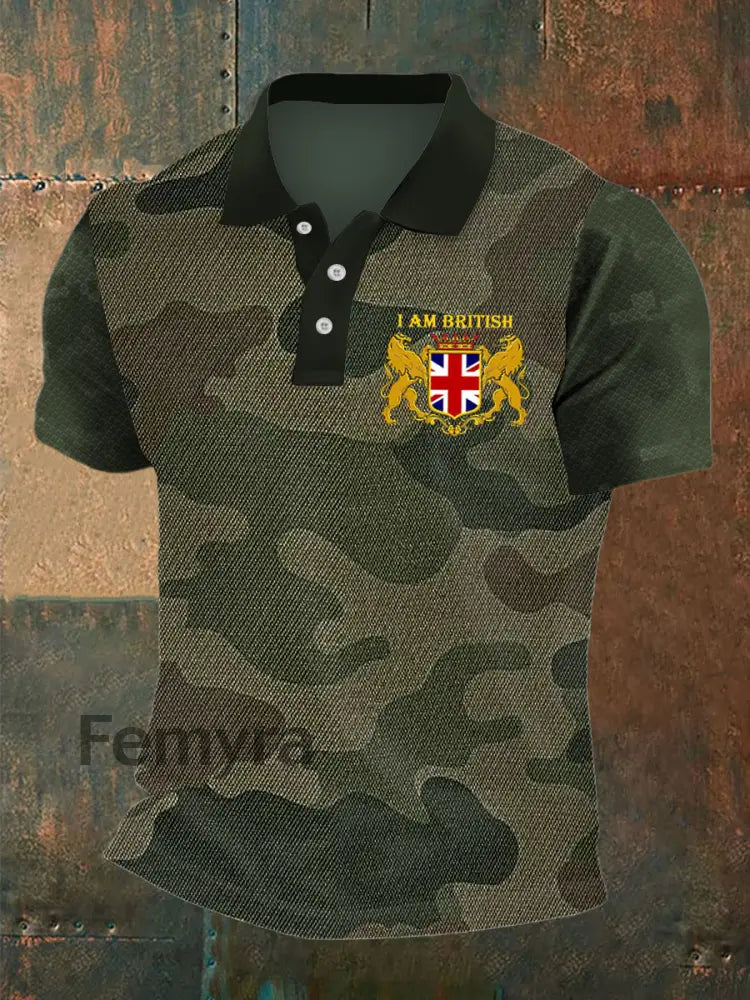Men’s Camouflage British Medal Print Polo Neck Plunger Short Sleeve T-Shirt Army Green / S