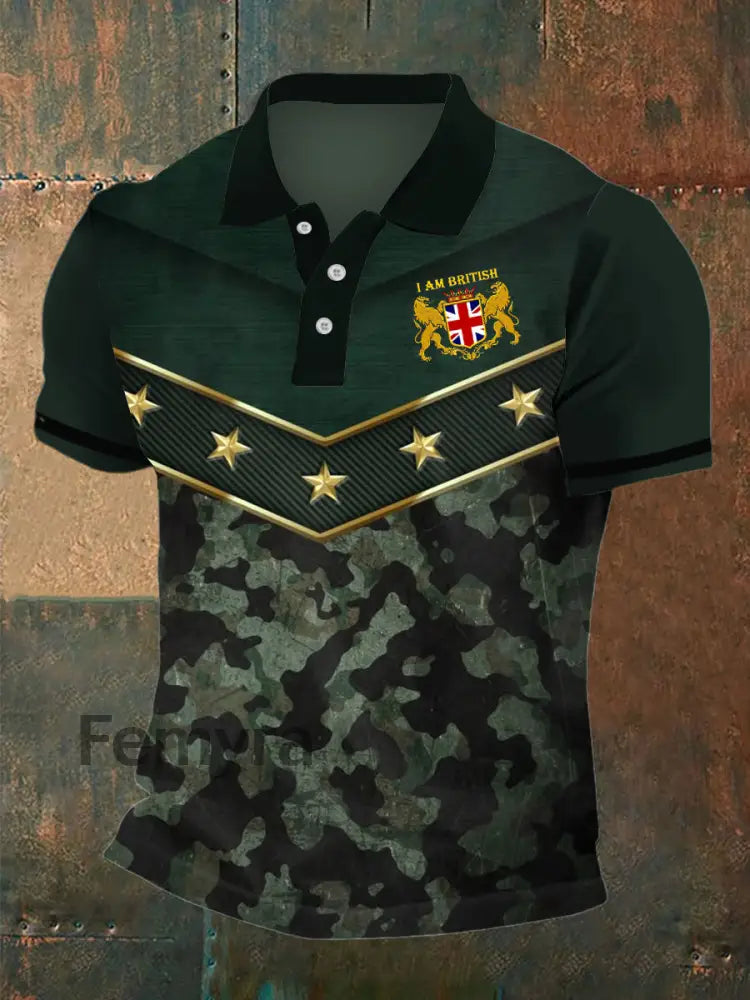 Men’s Camouflage British Medal Print Polo Neck Plunger Short Sleeve T-Shirt Army Green / S
